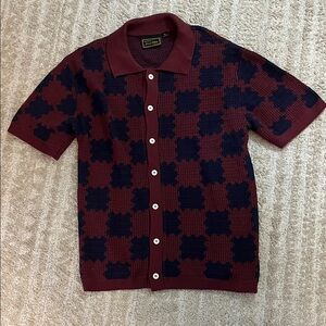 Massive Luxury Burgundy & Navy Checkered Button Down Crochet Collared Shirt XL